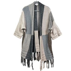 Loveriche Womens Draped Cardigan Sweater Oversize Open Front Fringe Hem Tan S/M*